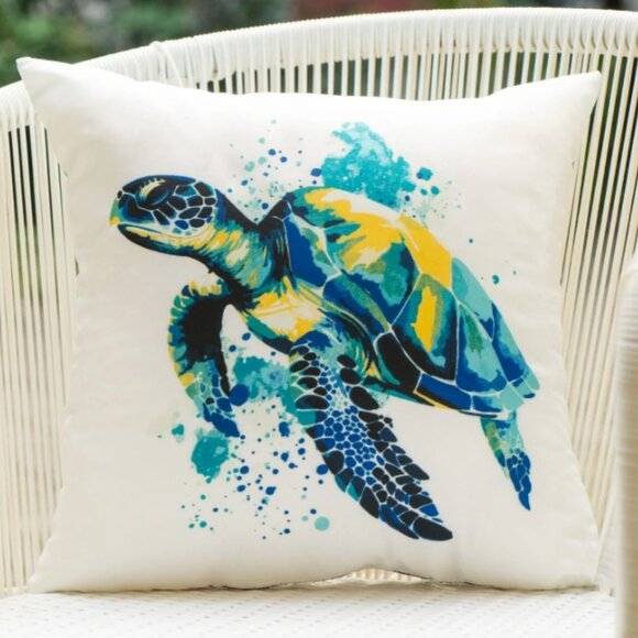Outdoor Throw Pillow 16" Reversible Sea Turtle Nautical Ocean Coastal Crafted fr - Picture 1 of 11